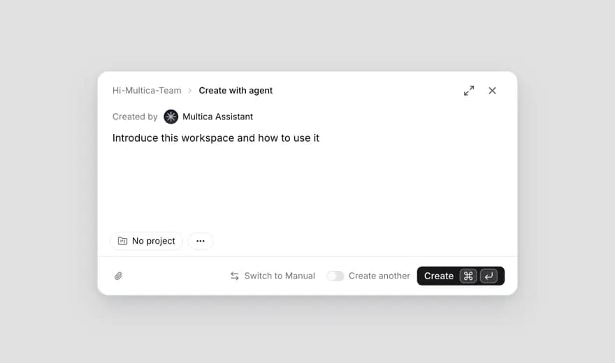 New issue dialog in agent mode: Created by set to Multica Assistant