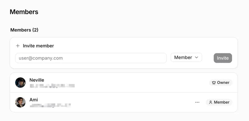 Member management: the invite form and the roster with roles