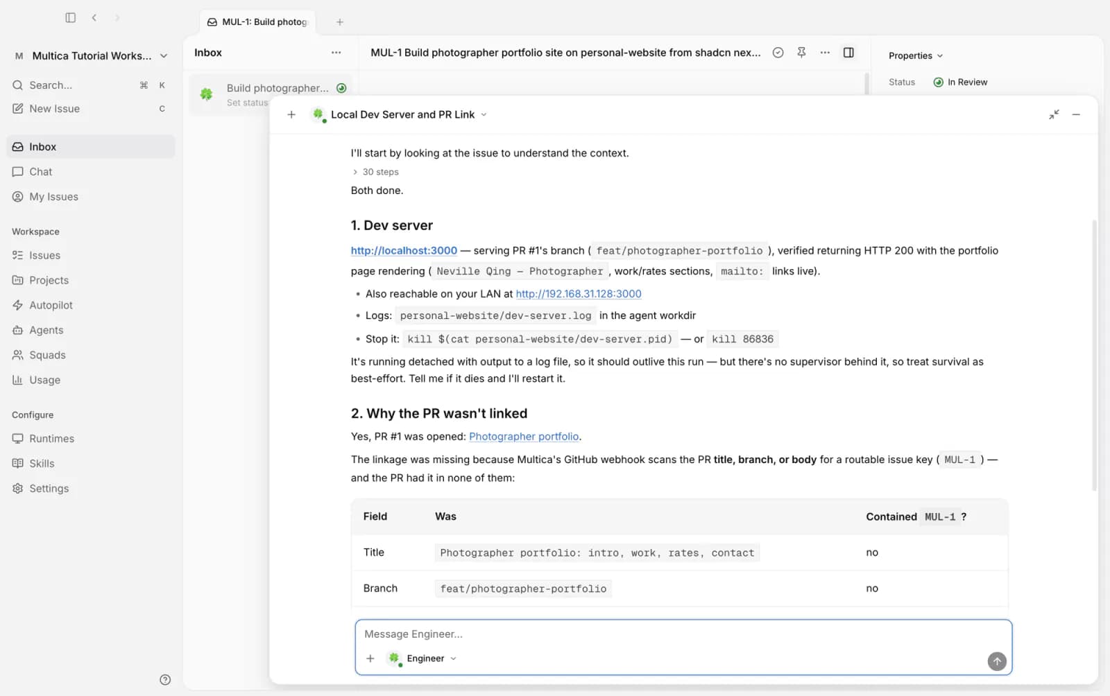 Engineer's reply: the local address and why the PR was not linked