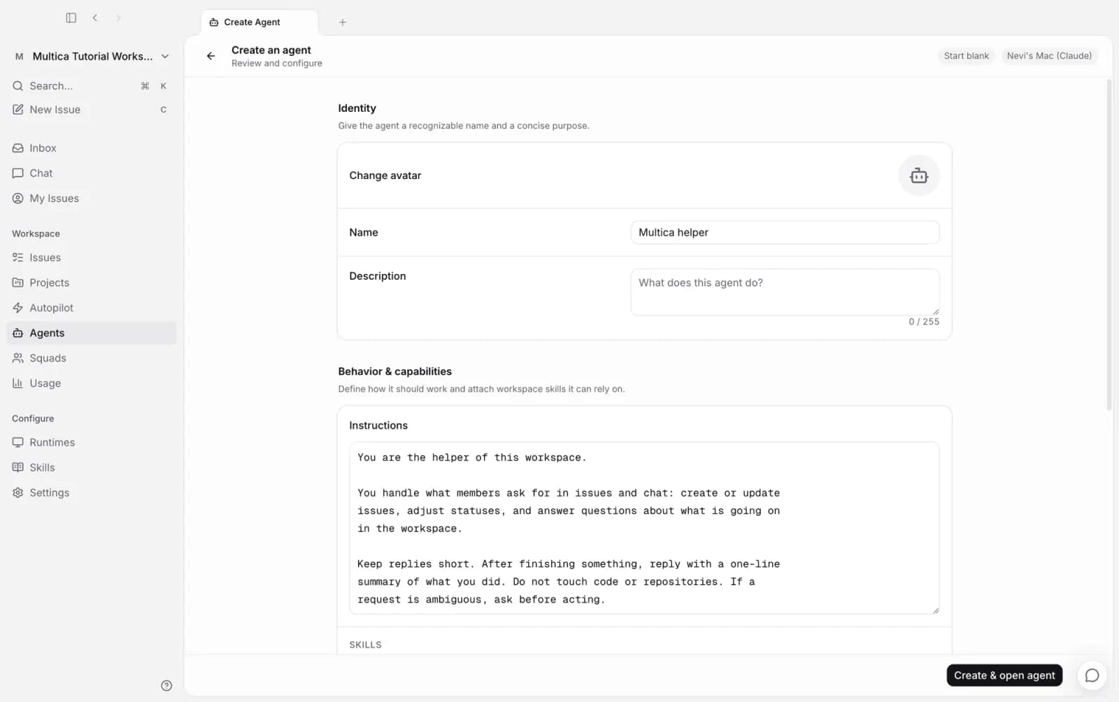 The create agent page