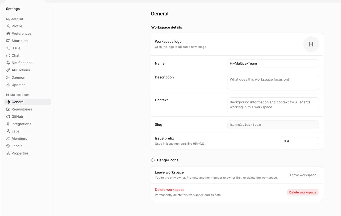 Workspace settings: name, context, slug, issue prefix, and the danger zone
